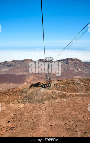 Vista dalla vetta del Teide funivia vettura che va fino del monte Teide, il picco più alto in Spagna, Parco Nazionale di Teide Tenerife, Spagna. Foto Stock