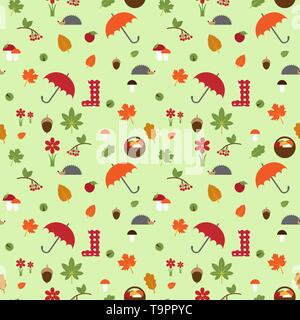 Vector seamless pattern con l'autunno flat icone sullo sfondo verde chiaro Illustrazione Vettoriale
