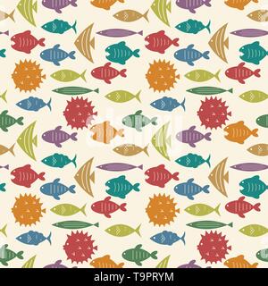Modello senza cuciture con pesci colorati contorni sfondo vettoriale Illustrazione Vettoriale