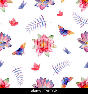 Acquerello seamless pattern con fiori e insetti su sfondo bianco Foto Stock