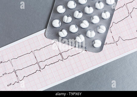 Confezione di pillole SULLA STAMPA ECG, primo piano Foto Stock