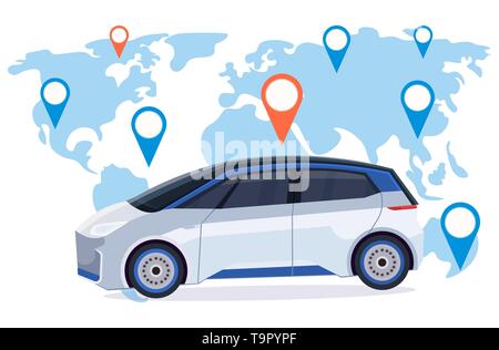 Automobile con perno di locazione di ordinazione online di taxi car sharing nozione di trasporto mobile servizio carsharing mappa Mondo sfondo orizzontale piana Illustrazione Vettoriale