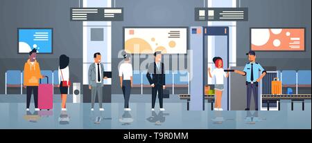 Funzionario di polizia controllo passeggeri e bagagli al rivelatore di metalli x-ray gate full body scanner controllo sicurezza in aeroporto concetto terminale di reparto Illustrazione Vettoriale