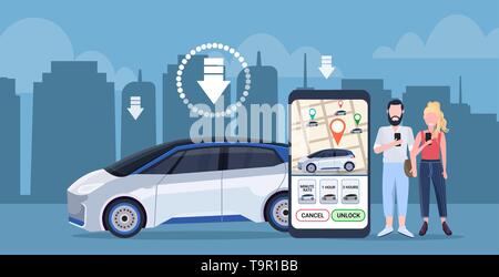 Paio utilizzando lo schermo dello smartphone mappa della città di ordinazione online di taxi car sharing concept i clienti download applicazione mobile trasporto carsharing Illustrazione Vettoriale