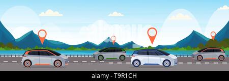 Automobile con perno di locazione su strada di ordinazione online taxi car sharing nozione di trasporto mobile servizio carsharing montagne paesaggio fluviale Illustrazione Vettoriale