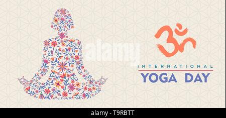 Lo Yoga giorno banner illustrazione. Donna facendo lotus pongono la meditazione fatta di coloratissimi fiori a margherita. Illustrazione Vettoriale