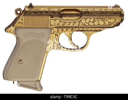 Una Walther PPK, modello di lusso, inciso, dorato, in cal. 9 mm a breve, nella casella n. 105665A. Foro luminoso. Prova contrassegnato 1966. Ulm ferma il nome. Tutte le parti con eleganti foglie di quercia incisione sulla superficie perforata, completamente dorato. Ivorylite pannello di impugnatura. Placcato oro rivista con estensione. Nella casella Walther con dorato rivista di ricambio e inciso base. Nuovo di zecca. Erwerbsscheinpflichtig. storica, storica del xx secolo, Additional-Rights-Clearance-Info-Not-Available Foto Stock