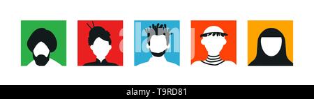 Diverse persone faccia icone o avatar in sfondo colorato. Ritratti di testa da asiatica, american e culture africane. Illustrazione Vettoriale