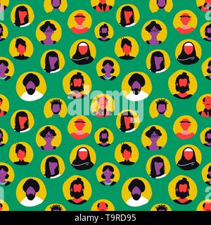 Icone di persone seamless pattern in un colorato stile retrò. Diversi uomo e donna avatar background per la comunità internazionale o internet comunicazione c Illustrazione Vettoriale