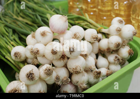 Verde - aglio fresco piccante naturale ingrediente alimentare. Giovani aglio come sfondo. Ortaggi e erbe su un mercato contadino. Mangiare sano Foto Stock