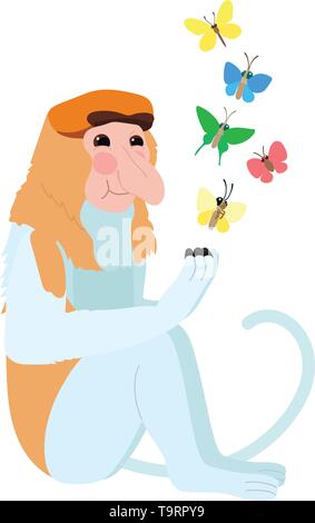 Piatto di vettore animale cartoon clip art proboscide monkey Illustrazione Vettoriale