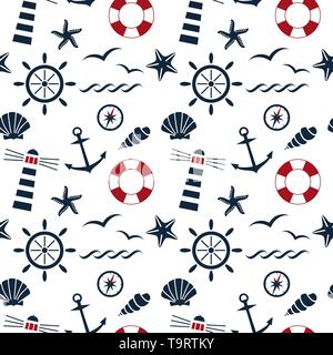 Nautiche modello senza giunture sullo sfondo bianco vettore Illustrazione Vettoriale
