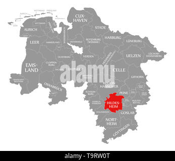 La contea di Hildesheim evidenziata in rosso nella mappa della Bassa Sassonia Germania Foto Stock