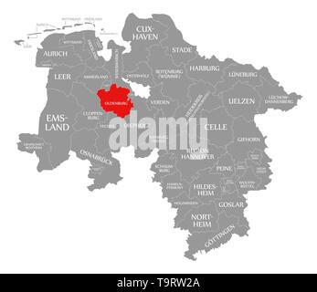 La contea di Oldenburg evidenziata in rosso nella mappa della Bassa Sassonia Germania Foto Stock