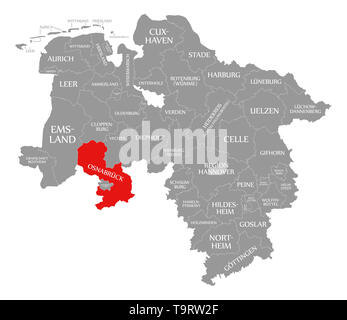 La contea di Osnabrueck evidenziata in rosso nella mappa della Bassa Sassonia Germania Foto Stock