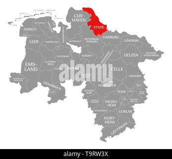 Stade county evidenziata in rosso nella mappa della Bassa Sassonia Germania Foto Stock