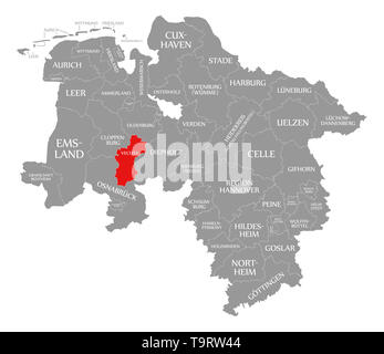 La contea di Vechta evidenziata in rosso nella mappa della Bassa Sassonia Germania Foto Stock