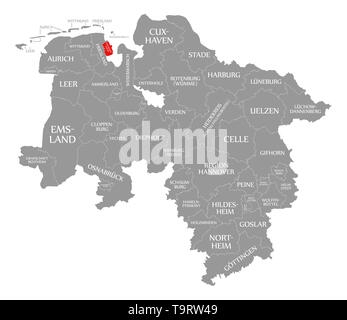 Wilhelmshaven county evidenziata in rosso nella mappa della Bassa Sassonia Germania Foto Stock