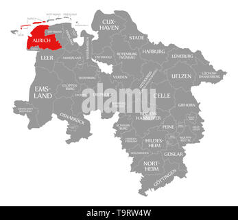 Aurich county evidenziata in rosso nella mappa della Bassa Sassonia Germania Foto Stock
