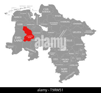 La contea di Cloppenburg evidenziata in rosso nella mappa della Bassa Sassonia Germania Foto Stock