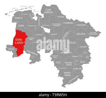 La contea di Emsland evidenziata in rosso nella mappa della Bassa Sassonia Germania Foto Stock
