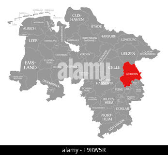 Gifhorn county evidenziata in rosso nella mappa della Bassa Sassonia Germania Foto Stock