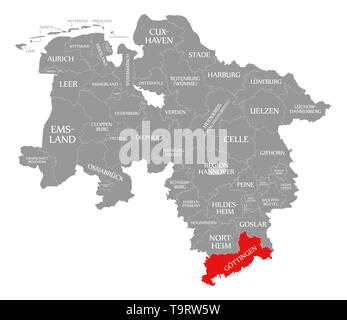 La contea di Goettingen evidenziata in rosso nella mappa della Bassa Sassonia Germania Foto Stock