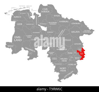 Helmstedt county evidenziata in rosso nella mappa della Bassa Sassonia Germania Foto Stock