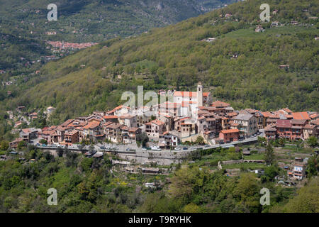 Il villaggio di La Bollene Vesubie visto dal lato nord del Col de Turini, alpi marittime, Francia Foto Stock