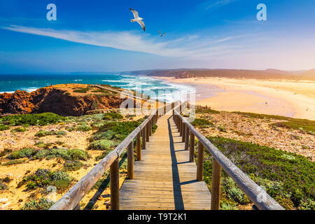 Praia da Bordeira e passerelle facente parte del sentiero delle maree o Pontal da Carrapateira a piedi in Portogallo. Flying gabbiani su Praia da Bordeira Foto Stock