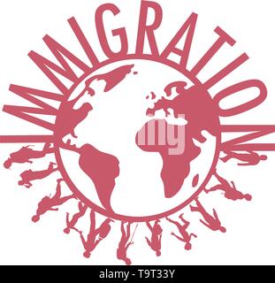 Immigrazione il concetto di parola in tutto il mondo con la gente a piedi Illustrazione Vettoriale