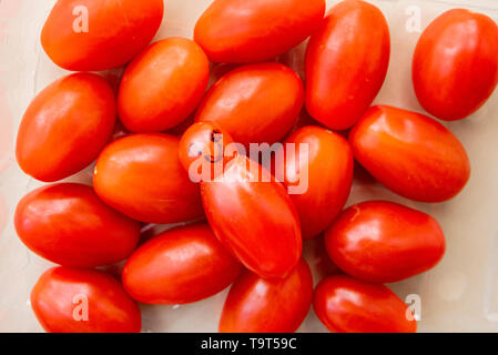 Pomodoro dalla forma strana in un punzone di pomodori con l'aggiunta della faccia disegnata. Frutta e verdura umoristica che assomiglia al personaggio di Mr Blobby Foto Stock