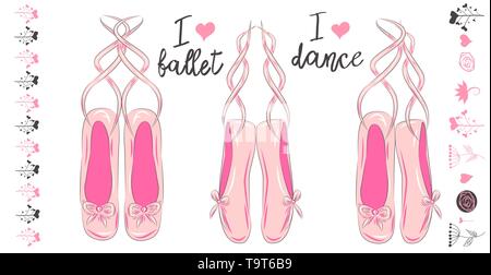 Un set di tre coppie di rosa di pointe scarpe per il balletto, iscrizioni io amo il balletto e amo ballare. Set di elementi Illustrazione Vettoriale