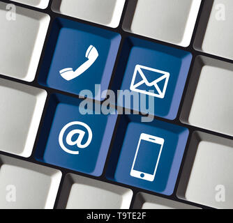 Contatto blu chiavi. La comunicazione i pulsanti sulla tastiera del computer illustrazione Foto Stock