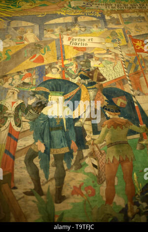 Dettaglio del Jean Paul Laurens (1838-1921) dipinto 'Le tornesi " scena di un palazzo del XIV secolo arazzo Gobelin, Capitole, Toulouse, Occitanie, Francia Foto Stock