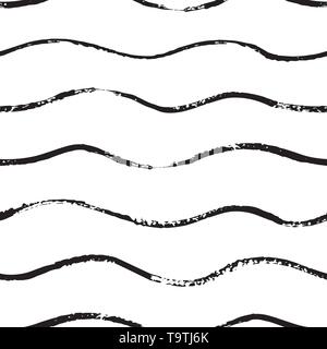 Spazzola d'onda disegnare a mano seamless pattern. Linee astratte sfondo ondulata con tratti di pennello. In bianco e nero di tessitura senza fine. Design per t-shirt Illustrazione Vettoriale