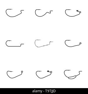 Gli accessori di pesca da linee sottili. Set di offset diversi ganci, isolati su sfondo bianco, illustrazione vettoriale. Illustrazione Vettoriale