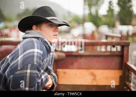 Teen indossando il cappello da cowboy, guardando oltre il recinto in rodeo arena. Foto Stock