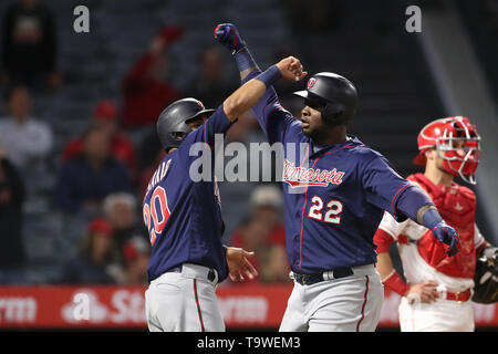 Anaheim, California, USA. Il 20 maggio 2019. Minnesota Twins terzo baseman Miguel sano (22) festeggia i suoi due run homer con Minnesota Twins left fielder Eddie Rosario (20) nell'ottavo inning durante il gioco tra il Minnesota Twins e il Los Angeles gli angeli di Anaheim presso Angel Stadium di Anaheim, CA, (foto di Peter Joneleit, Cal Sport Media) Credito: Cal Sport Media/Alamy Live News Foto Stock