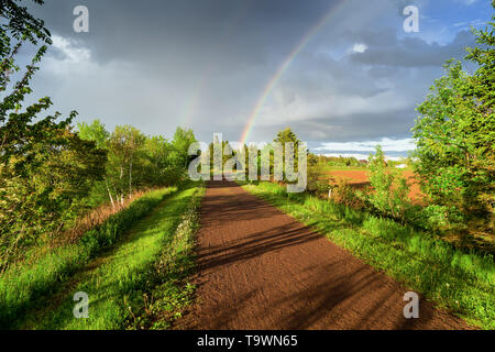 La Confederazione Trail (Trans Canada Trail) passando attraverso i terreni agricoli nelle zone rurali di Prince Edward Island, Canada. Foto Stock