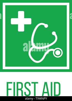 Lo stetoscopio e silhouette di una croce in piazza verde. Primo soccorso medico di segno, piatto icona vettore per app, sito web, etichette, segni, adesivi. Illustrazione Vettoriale