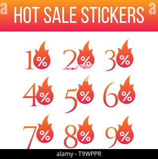 La Vendita calda Offerta speciale sconto set di etichette, Vendita calda fiamma e segno di percentuale etichetta, etichetta. Offerta speciale, grande vendita, percentuale di sconto su off Illustrazione Vettoriale
