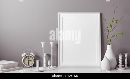 3D rendering del bianco e del Blank Foto o immagine telaio nella parte anteriore del muro grigio come modello o mockup con vaso e candelabro come decorazione in camera o Foto Stock