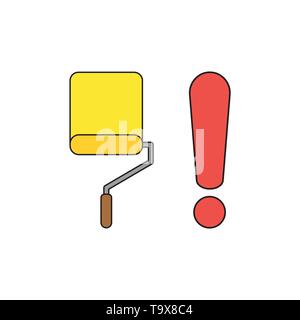 Icona vettore concetto di vernice gialla spazzola a rullo con punto esclamativo rosso. Contorni neri e colorati. Illustrazione Vettoriale