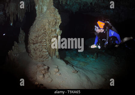 Diver esplora il subacqueo formazioni geologiche all'interno Cenote Dos Ojos, Tulum, Quintana Roo, Messico Foto Stock