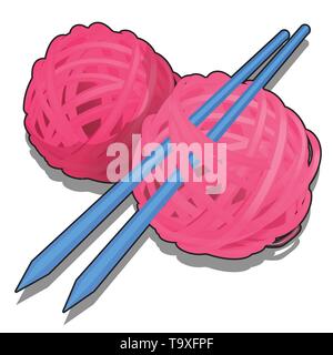 Set di rosa grovigli di filati di lana e aghi da maglia isolato su uno sfondo bianco. Strumenti e materiali per il cucito e la creazione di indumenti a maglia Illustrazione Vettoriale