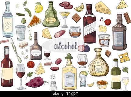 Grande set disegnati a mano bicchieri di bevande alcoliche e bicchieri isolato sul bianco. Vector doodle alcool set menu. Illustrazione Vettoriale