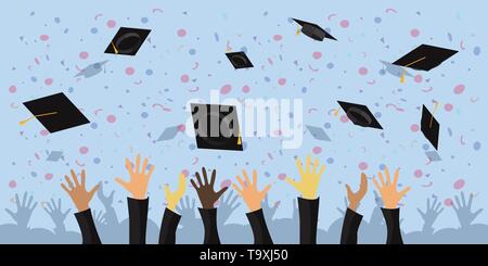 Studenti di mani di pupilla di gettare i tappi di graduazione in aria, vettore illustrazione piatta Illustrazione Vettoriale