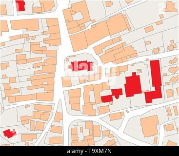 Immaginaria mappa catastale di un area con edifici e strade Illustrazione Vettoriale