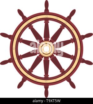 Barca di vettore volantino, nave ruota timone. Mare, simbolo dell'oceano Illustrazione Vettoriale